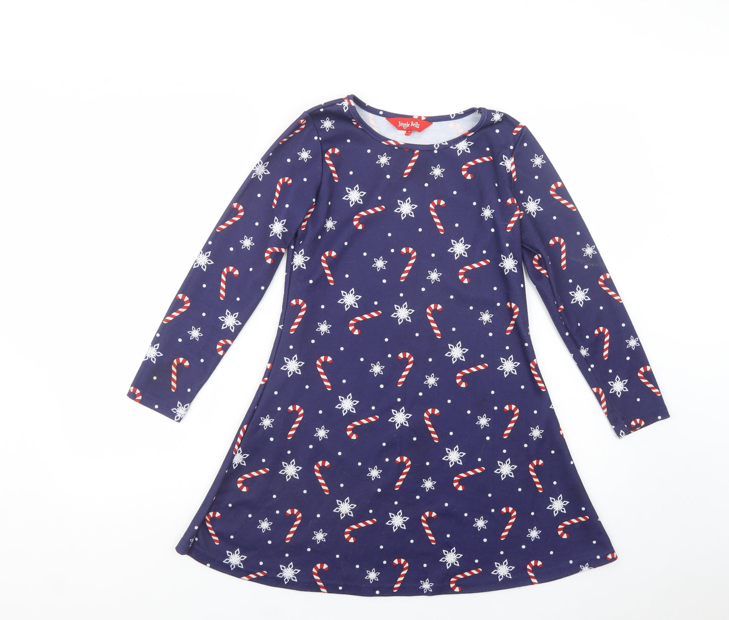 Jingle Bells Girls Blue Geometric Polyester Skater Dress  Size 12-13 Years  Crew Neck Pullover - Christmas Dress