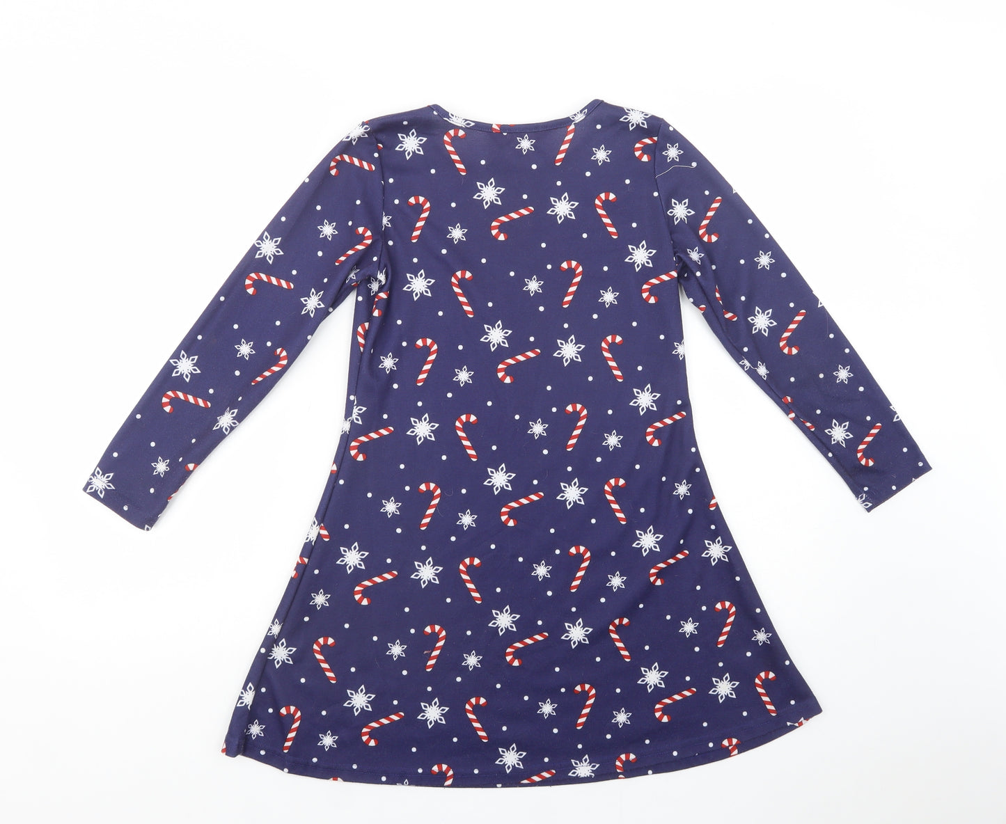 Jingle Bells Girls Blue Geometric Polyester Skater Dress  Size 12-13 Years  Crew Neck Pullover - Christmas Dress