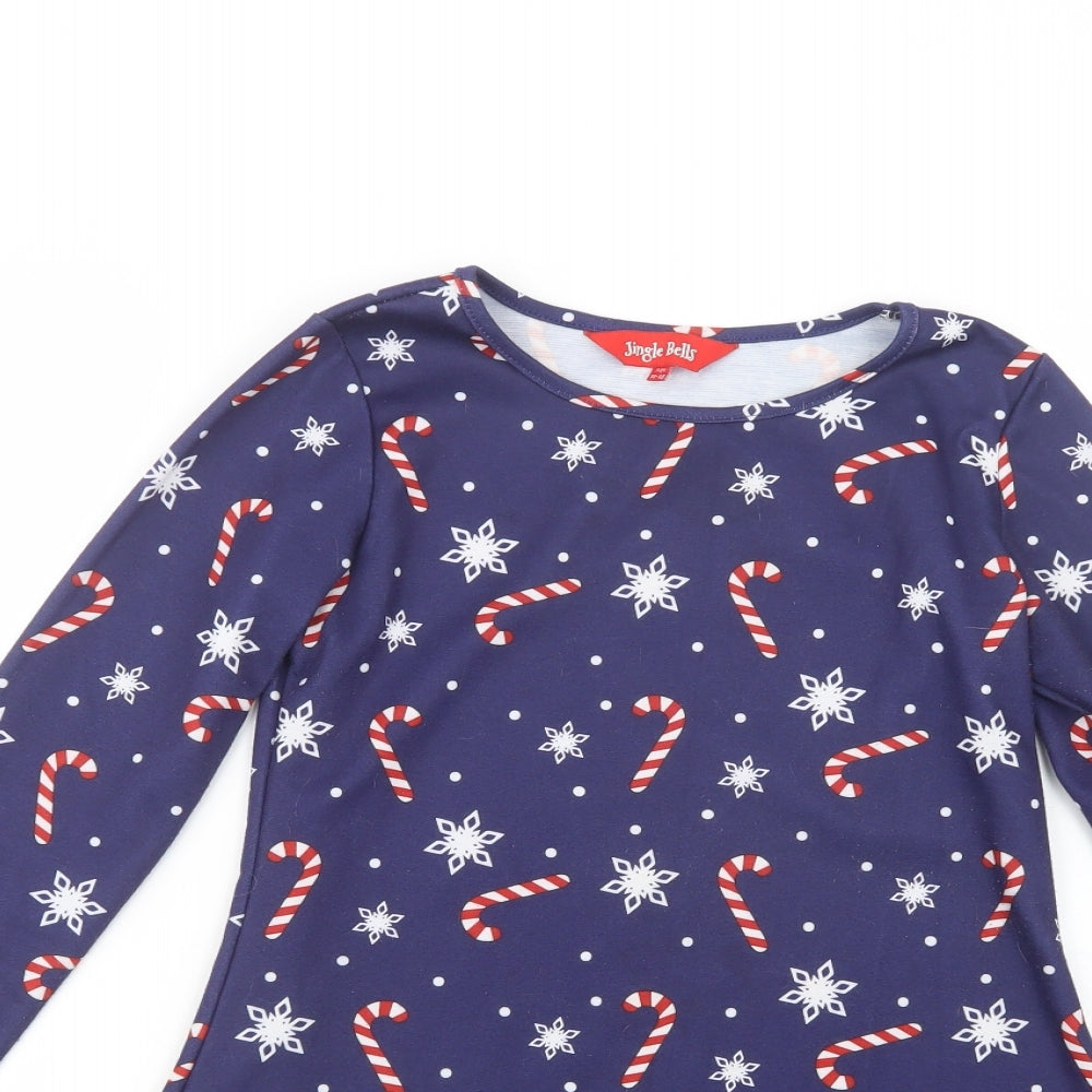 Jingle Bells Girls Blue Geometric Polyester Skater Dress  Size 12-13 Years  Crew Neck Pullover - Christmas Dress