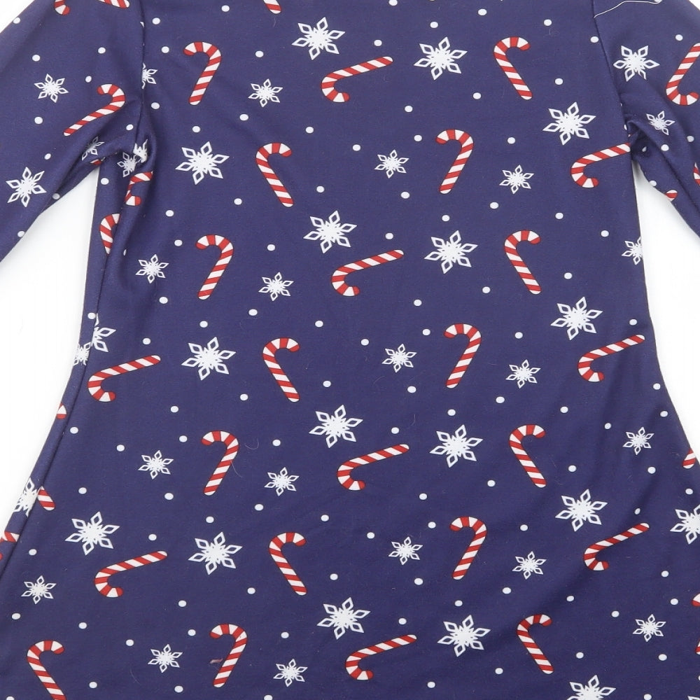 Jingle Bells Girls Blue Geometric Polyester Skater Dress  Size 12-13 Years  Crew Neck Pullover - Christmas Dress