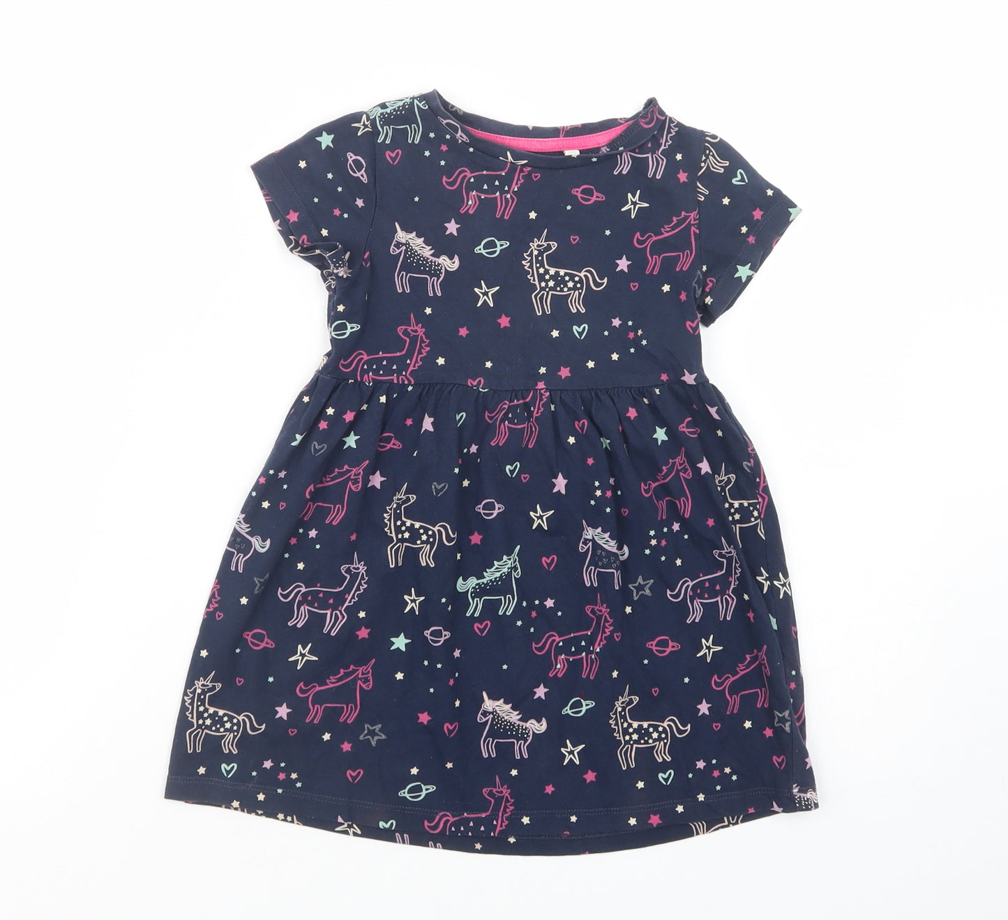 Blue Zoo Girls Blue Geometric Cotton T-Shirt Dress  Size 2-3 Years  Crew Neck Pullover - Unicorn Print