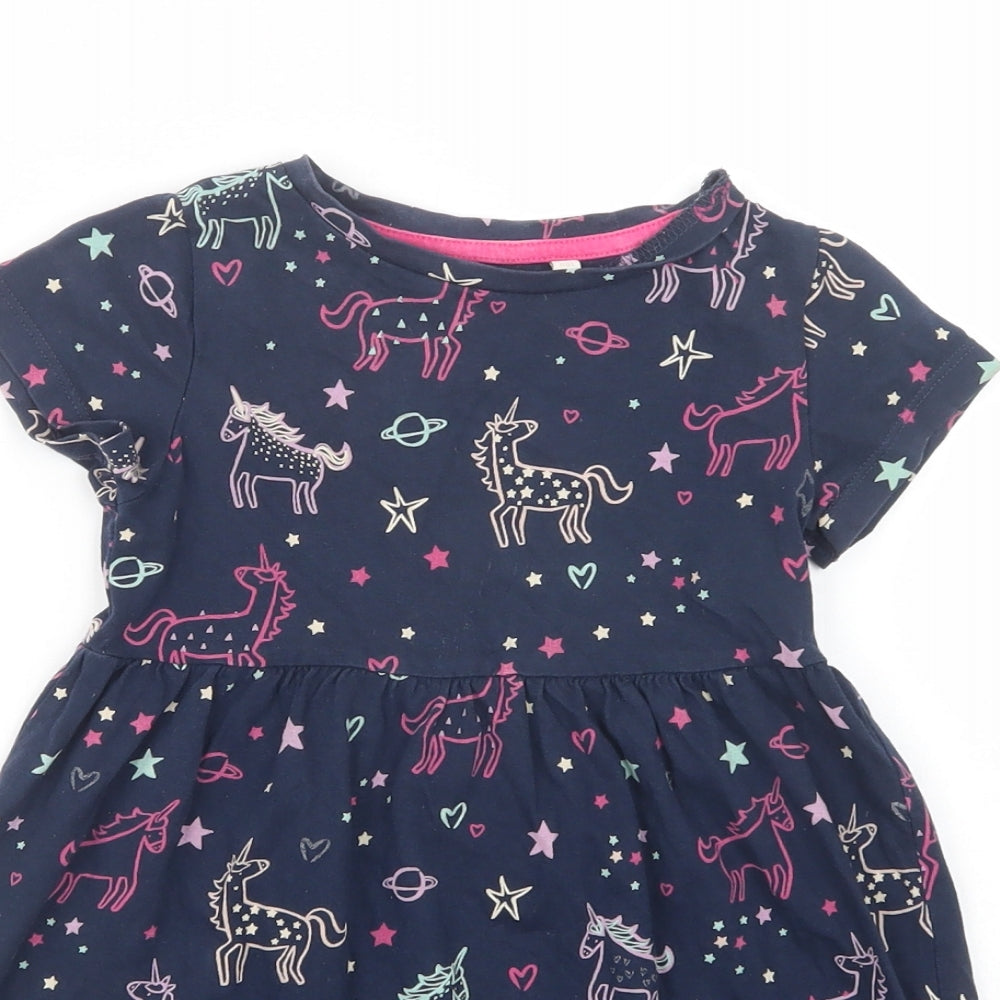 Blue Zoo Girls Blue Geometric Cotton T-Shirt Dress  Size 2-3 Years  Crew Neck Pullover - Unicorn Print