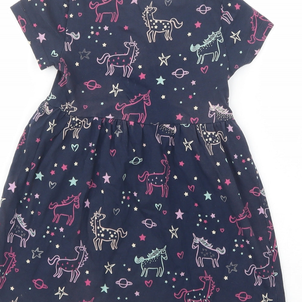 Blue Zoo Girls Blue Geometric Cotton T-Shirt Dress  Size 2-3 Years  Crew Neck Pullover - Unicorn Print