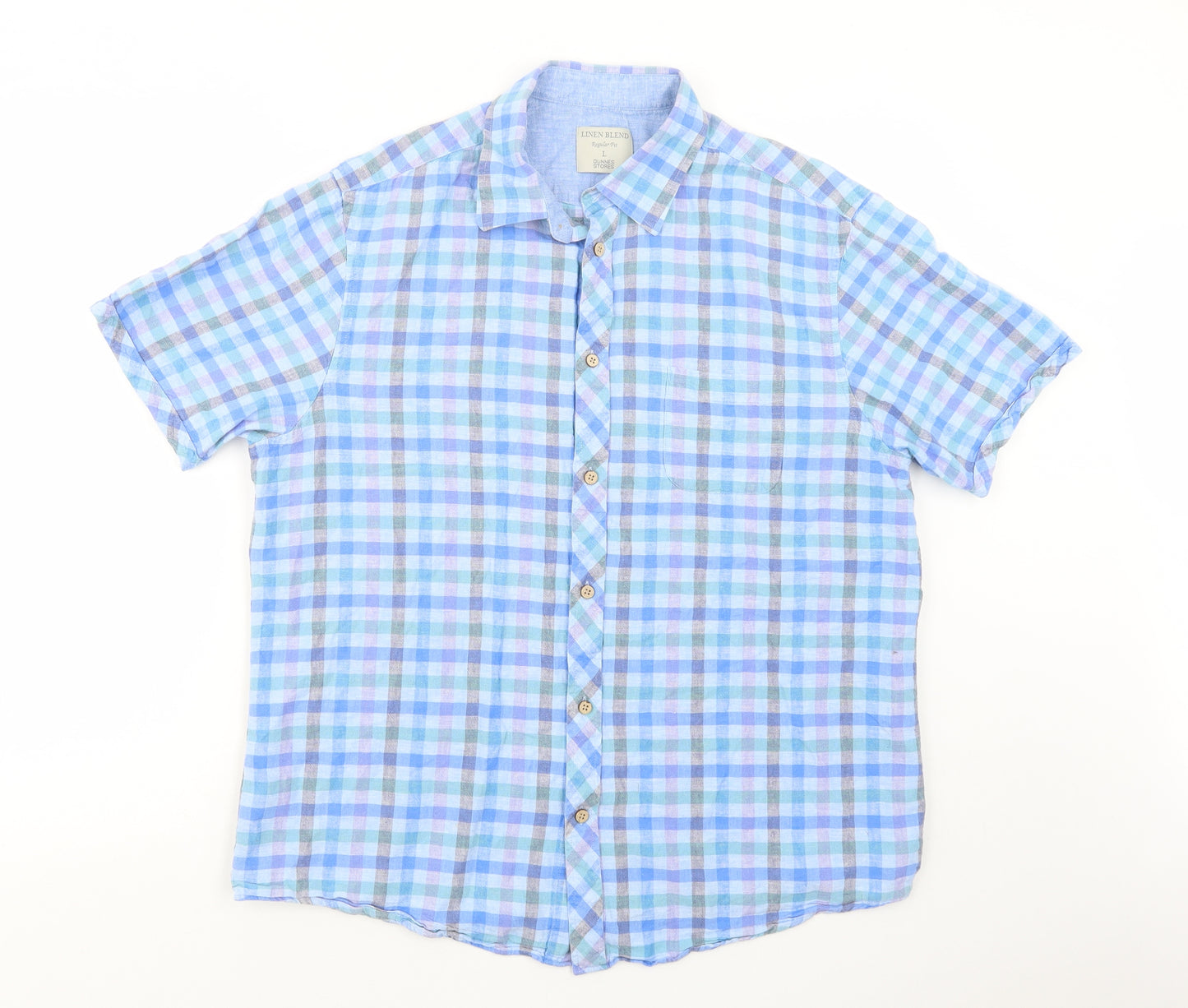 Dunnes Stores Mens Blue Plaid Linen  Button-Up Size L Collared Button