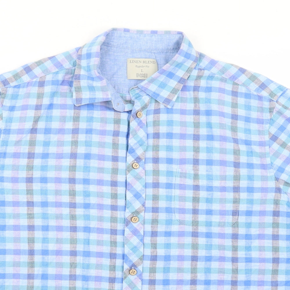 Dunnes Stores Mens Blue Plaid Linen  Button-Up Size L Collared Button