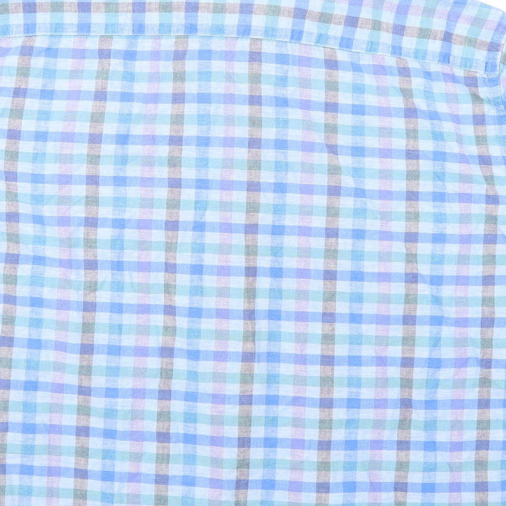 Dunnes Stores Mens Blue Plaid Linen  Button-Up Size L Collared Button