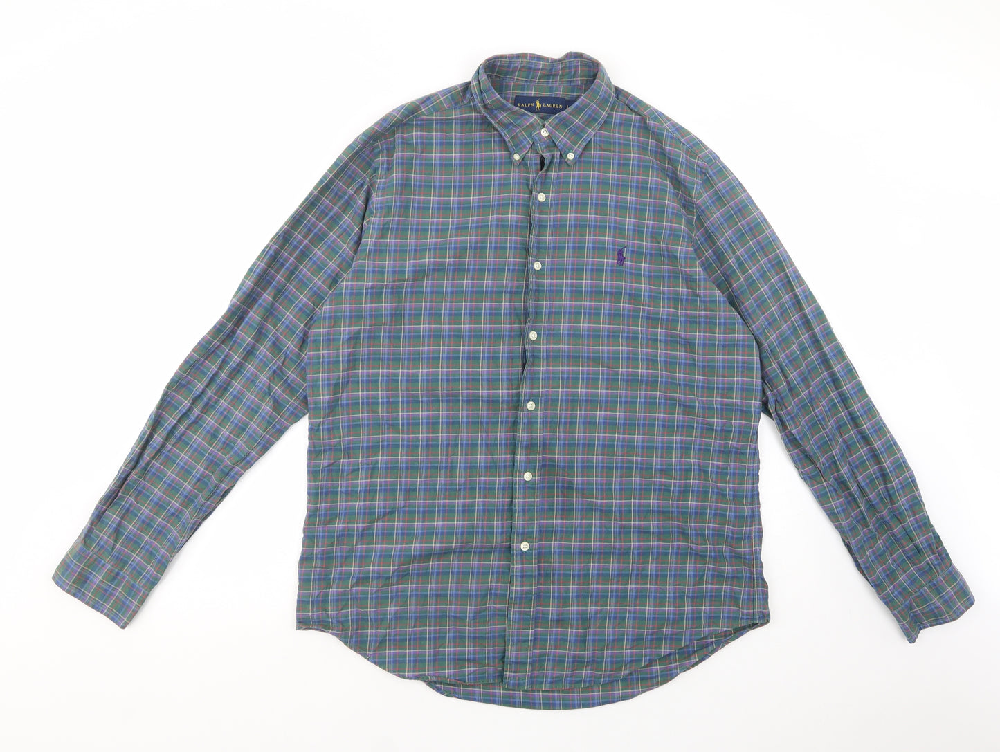 Ralph Lauren` Mens Green Plaid Cotton  Button-Up Size L Collared Button