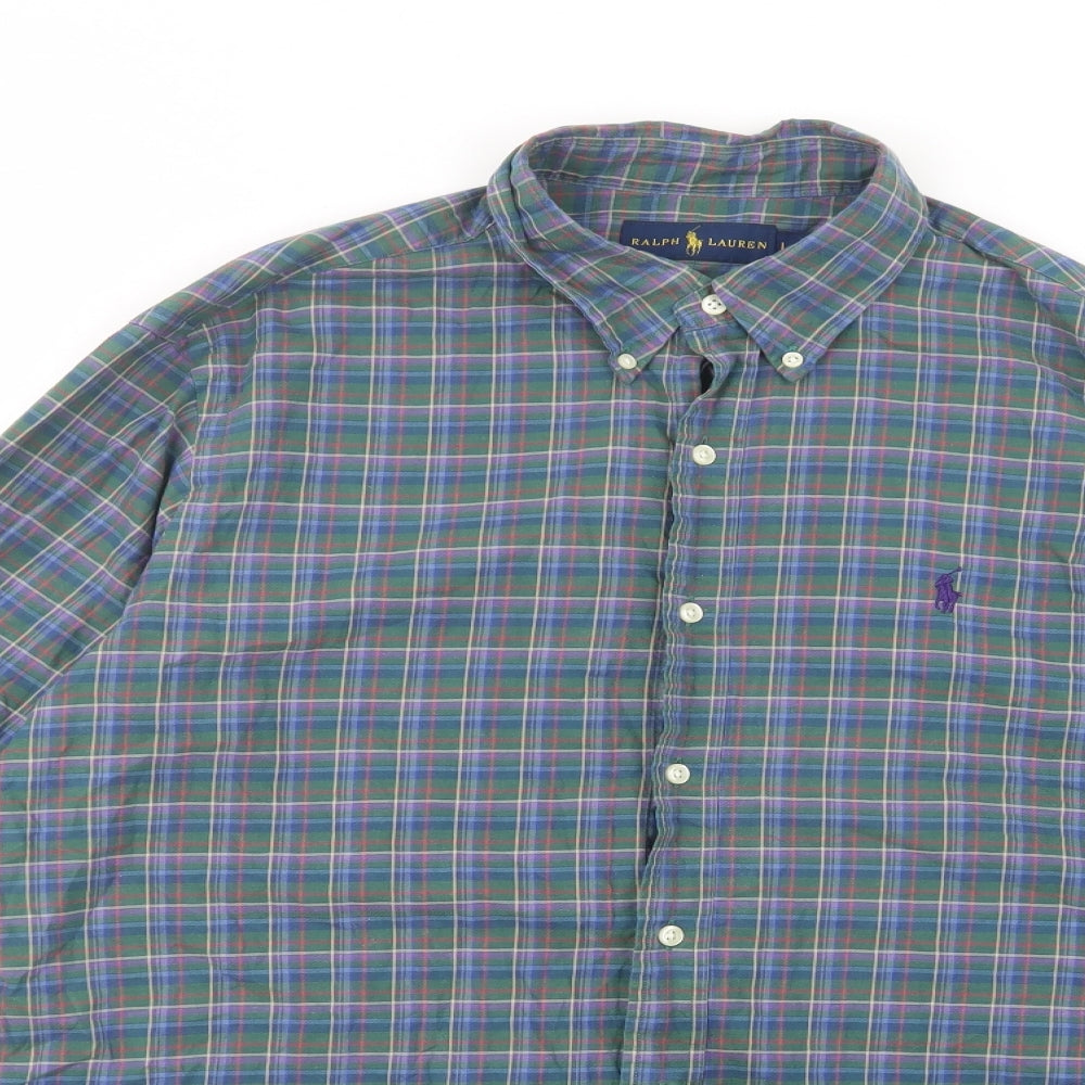 Ralph Lauren` Mens Green Plaid Cotton  Button-Up Size L Collared Button