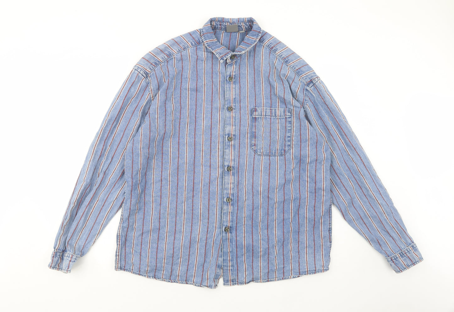 ASOS Mens Blue Striped Cotton  Button-Up Size L Collared Button