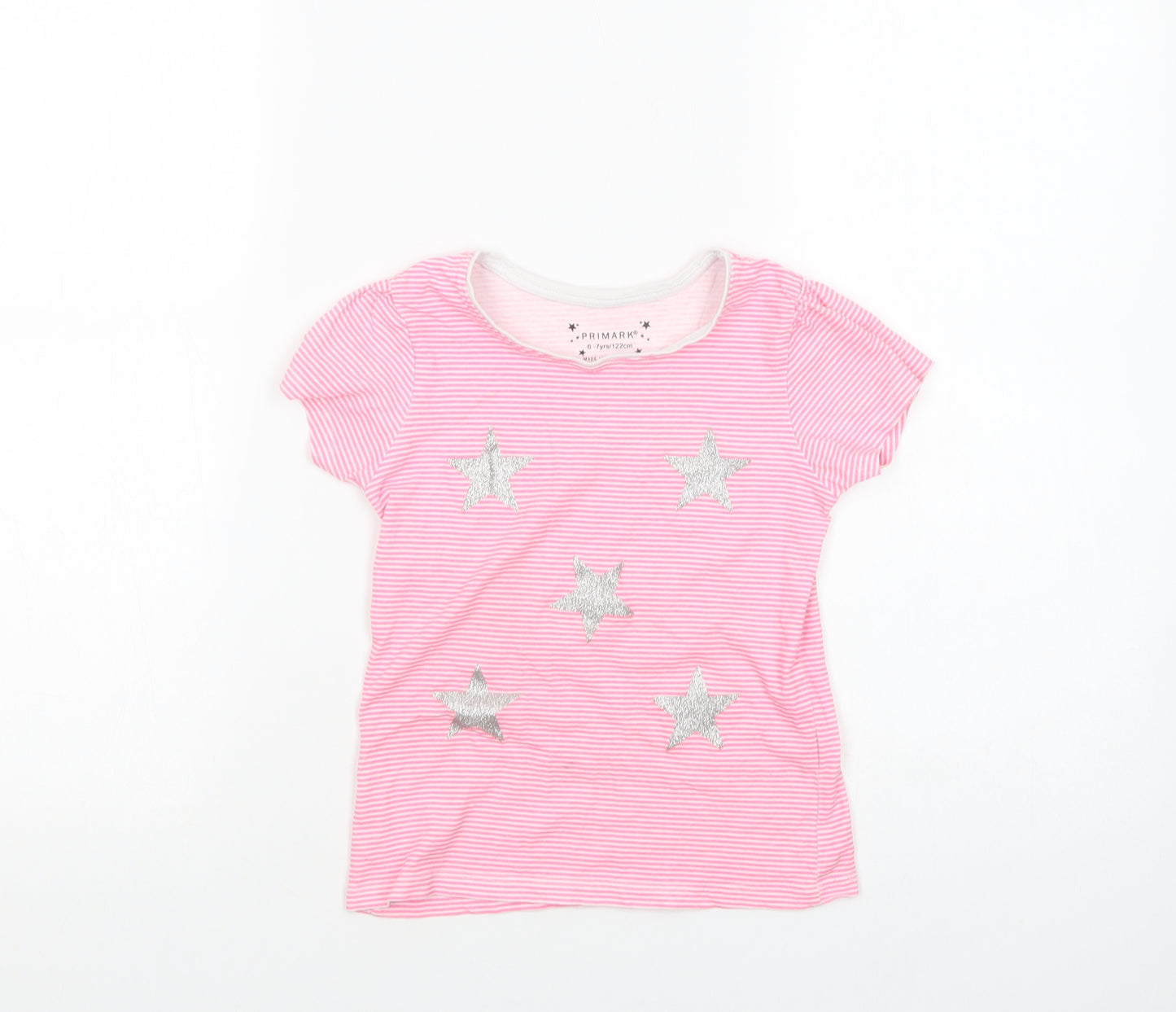Primark Girls Pink Striped Cotton Basic T-Shirt Size 6-7 Years Crew Neck Pullover - Stars