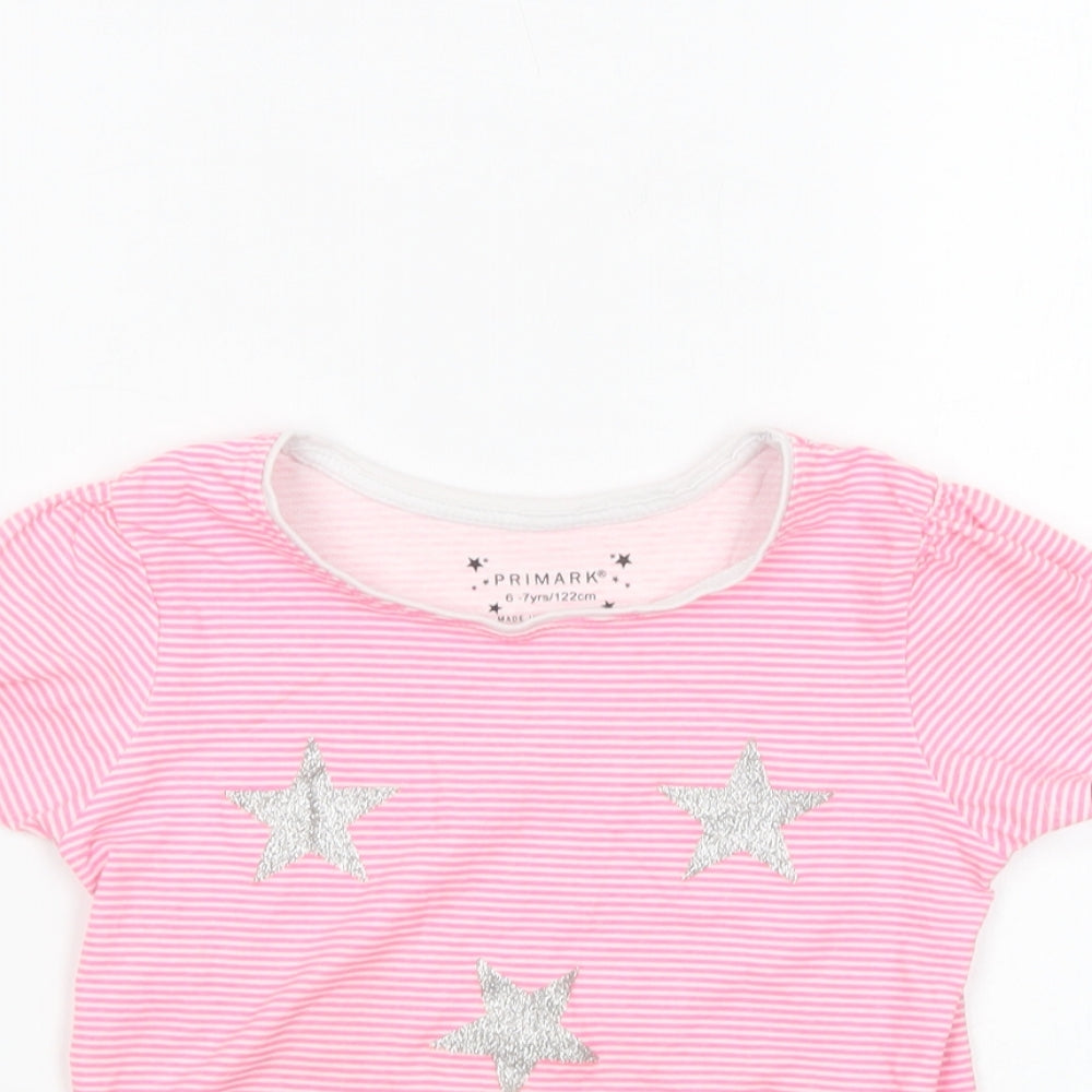 Primark Girls Pink Striped Cotton Basic T-Shirt Size 6-7 Years Crew Neck Pullover - Stars