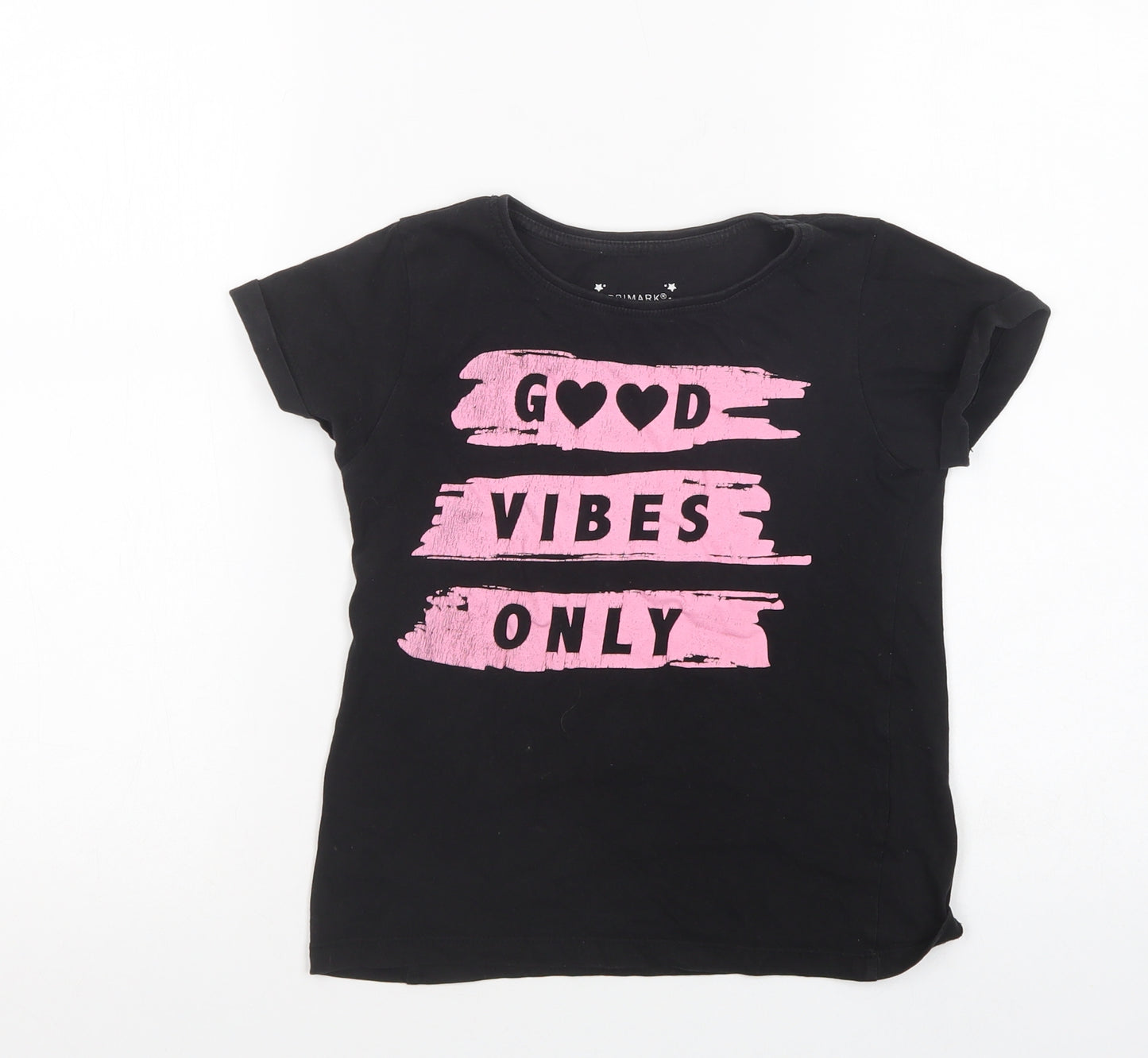 Primark Girls Black  Cotton Basic T-Shirt Size 9-10 Years Crew Neck Pullover - Good Vibes Only