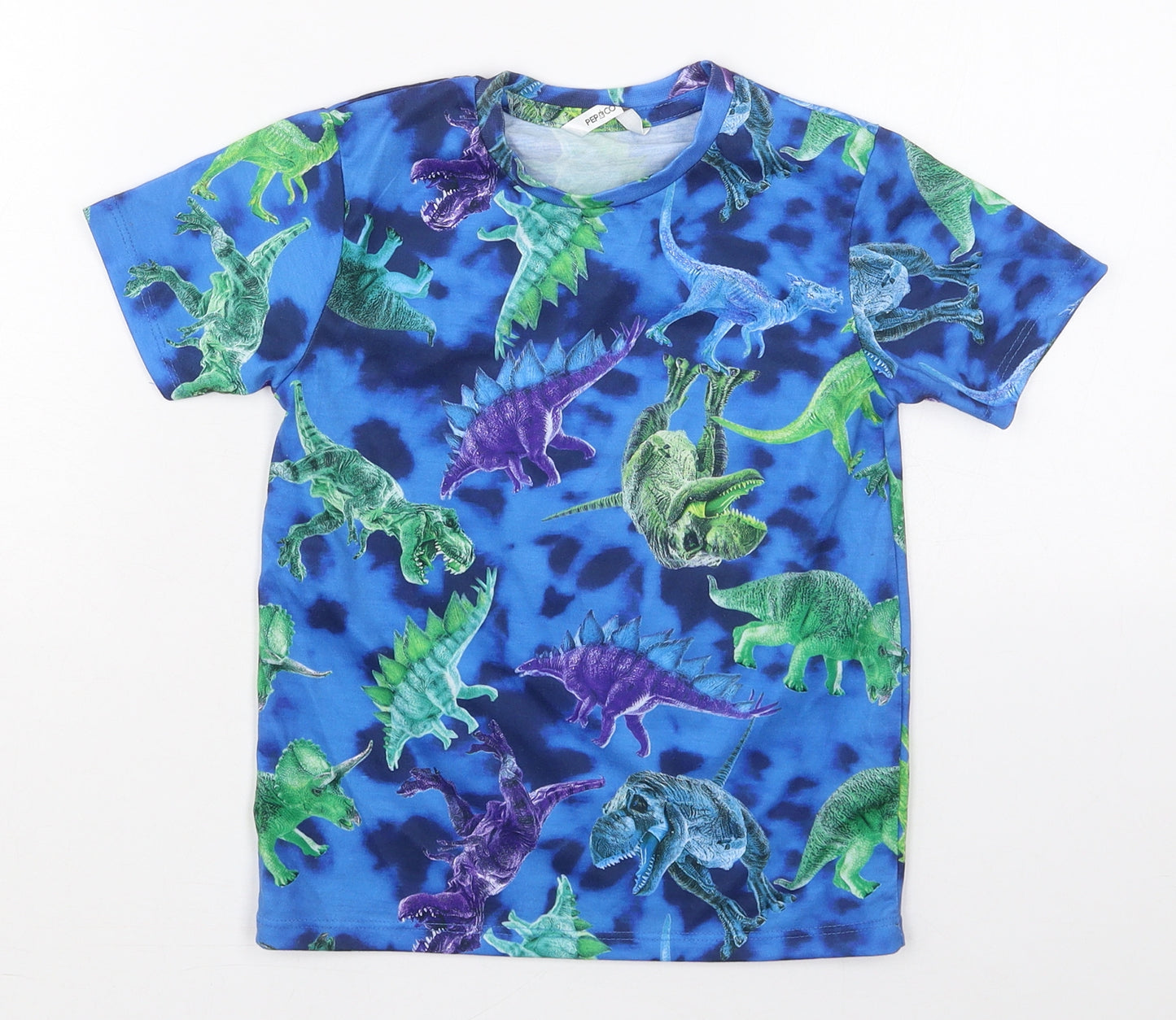 Pep&Co Boys Blue  Polyester Basic T-Shirt Size 5-6 Years Crew Neck Pullover - Dinosaurs