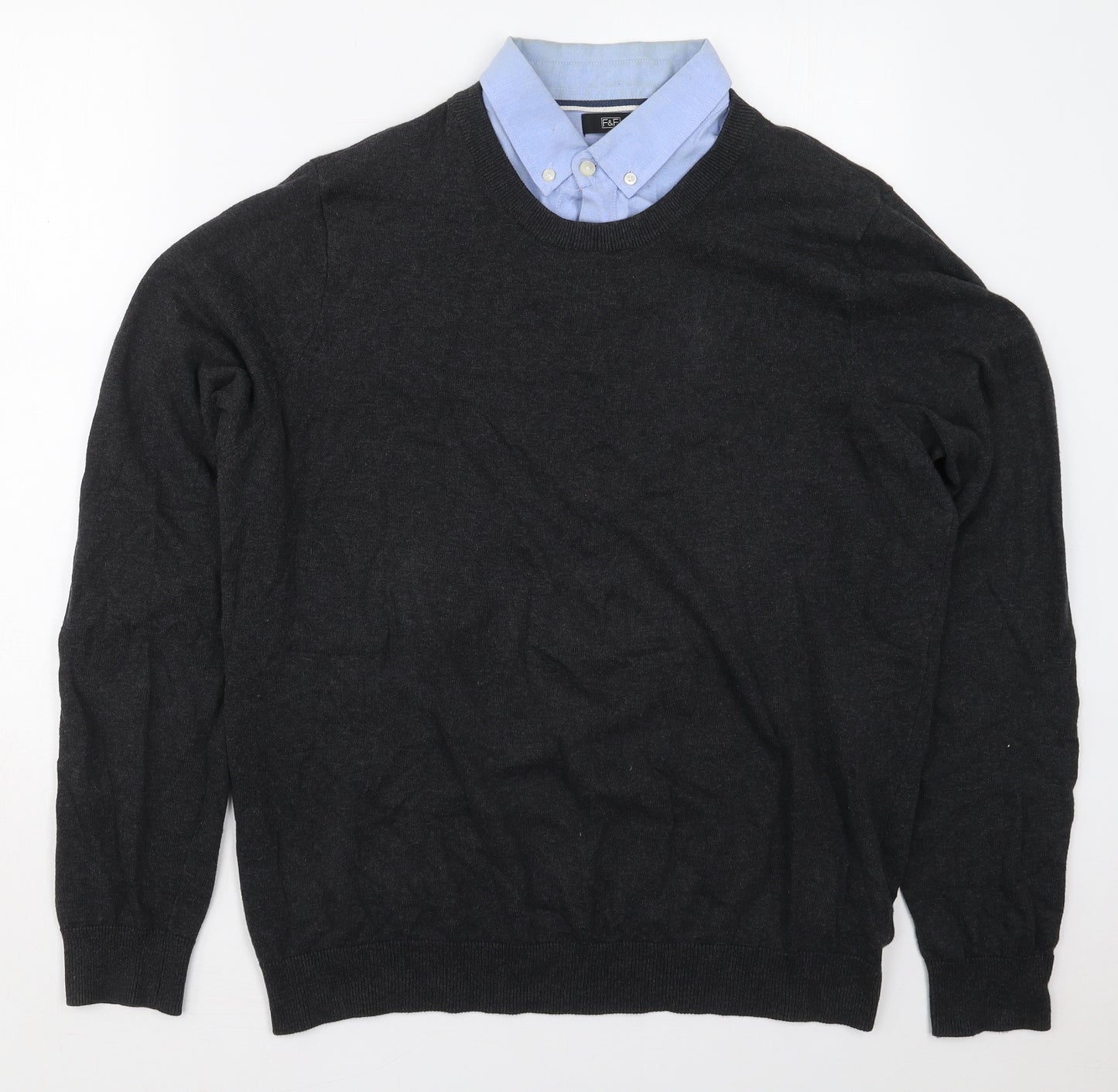 F&F Mens Grey Collared  Cotton Pullover Jumper Size L