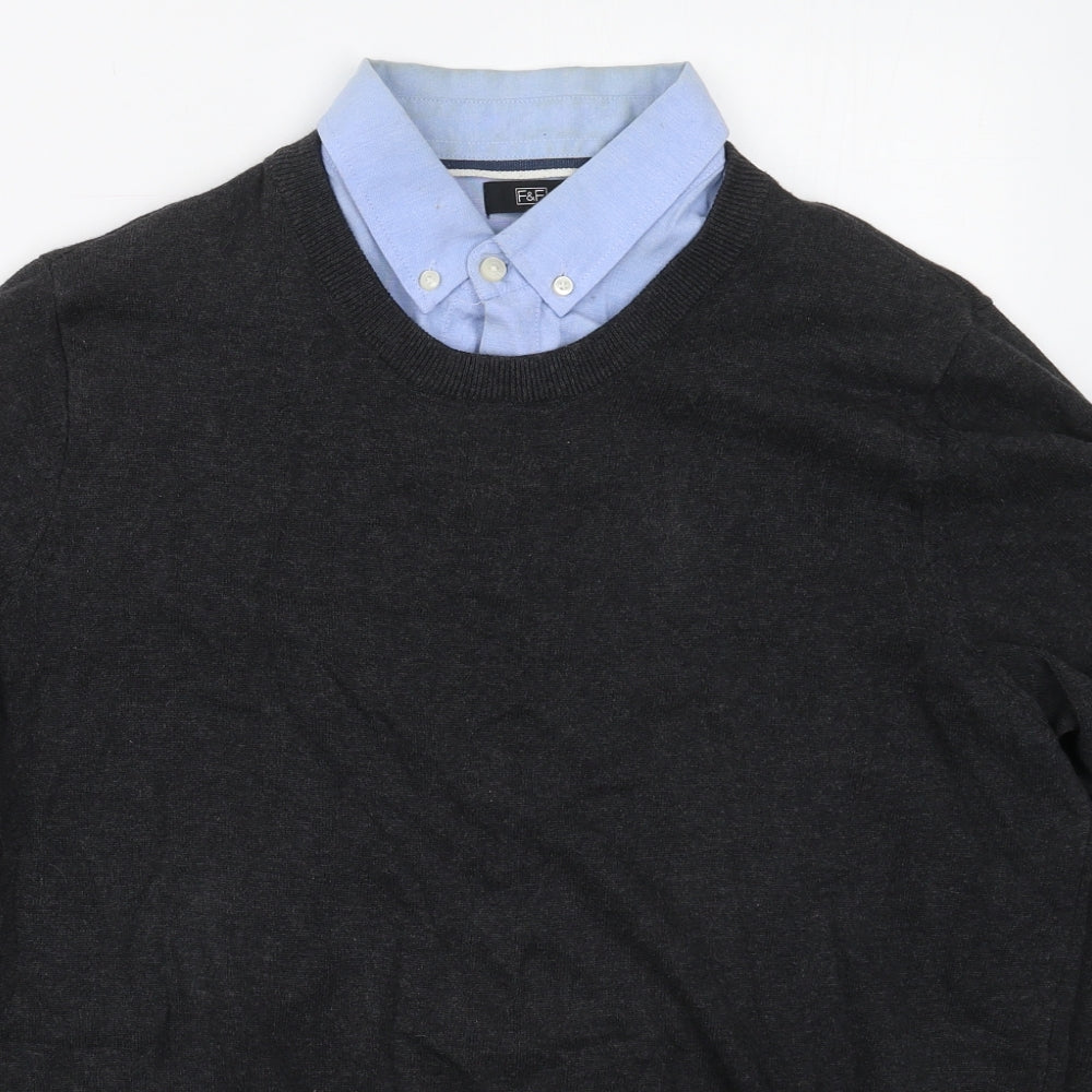 F&F Mens Grey Collared  Cotton Pullover Jumper Size L