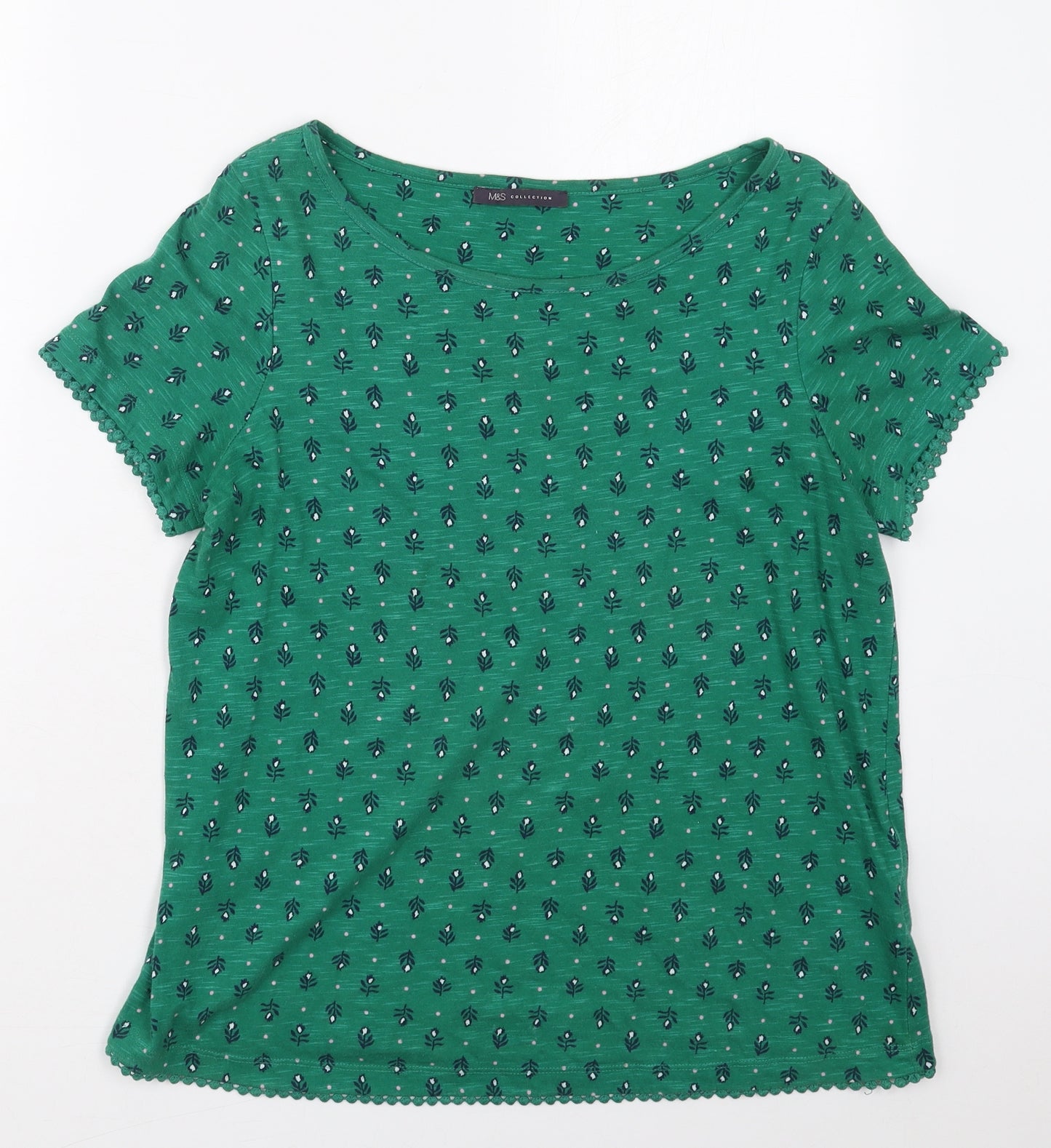 Marks and Spencer Womens Green Floral Cotton Basic T-Shirt Size 12 Boat Neck