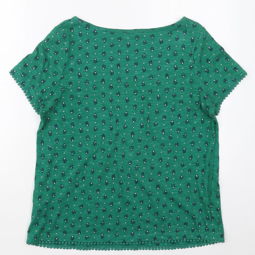 Marks and Spencer Womens Green Floral Cotton Basic T-Shirt Size 12 Boat Neck