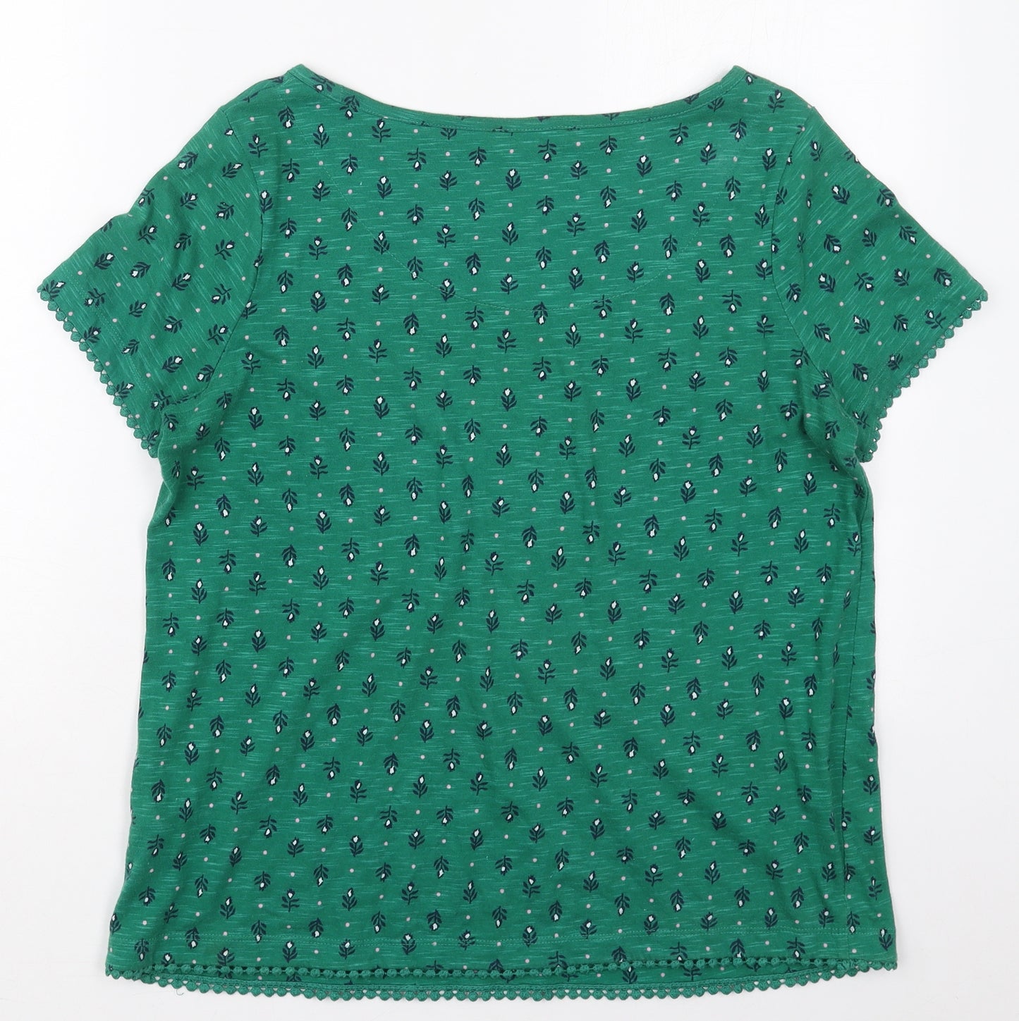 Marks and Spencer Womens Green Floral Cotton Basic T-Shirt Size 12 Boat Neck