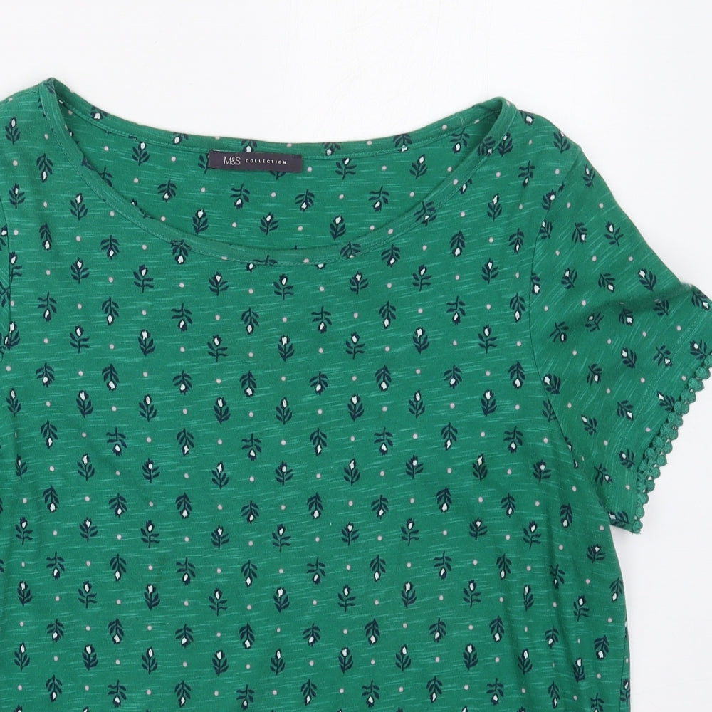 Marks and Spencer Womens Green Floral Cotton Basic T-Shirt Size 12 Boat Neck