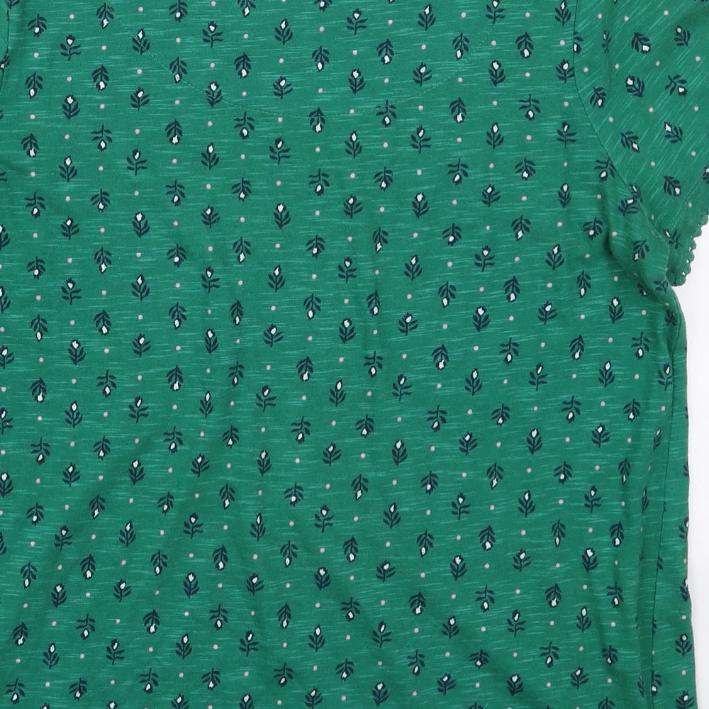 Marks and Spencer Womens Green Floral Cotton Basic T-Shirt Size 12 Boat Neck