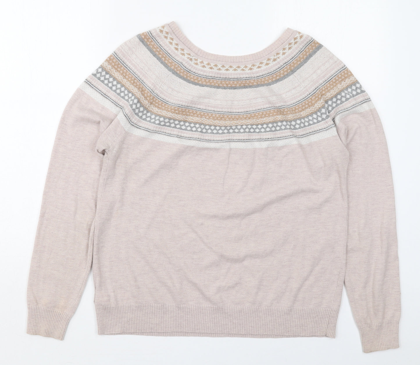 NEXT Womens Beige Crew Neck Fair Isle Cotton Pullover Jumper Size 14