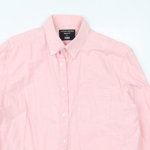 Dunnes Mens Pink  Cotton  Button-Up Size L Collared Button