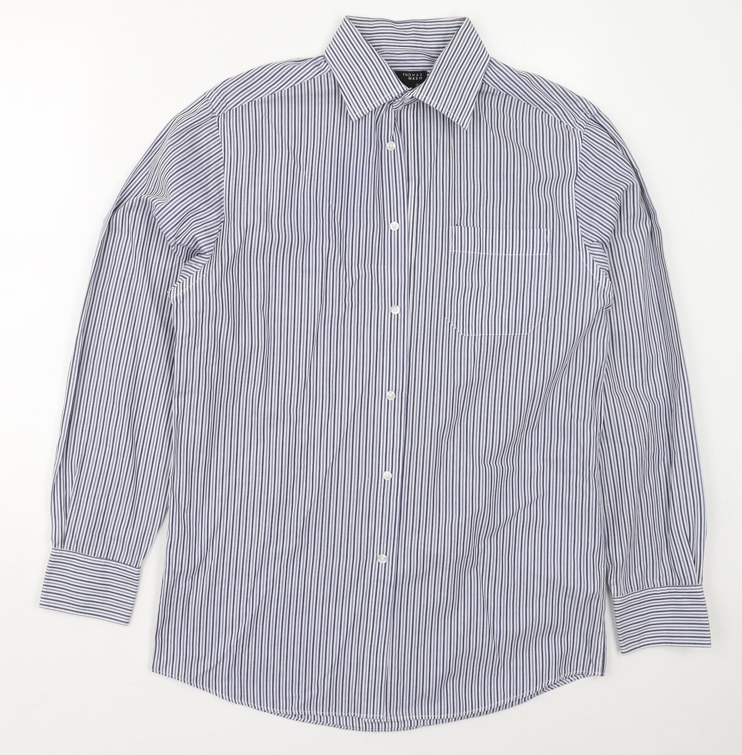 Thomas Nash Mens Blue Striped Polyester  Button-Up Size 15 Collared Button