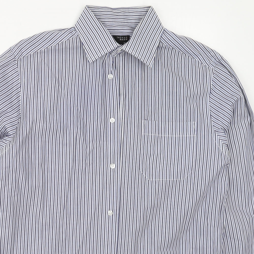 Thomas Nash Mens Blue Striped Polyester  Button-Up Size 15 Collared Button