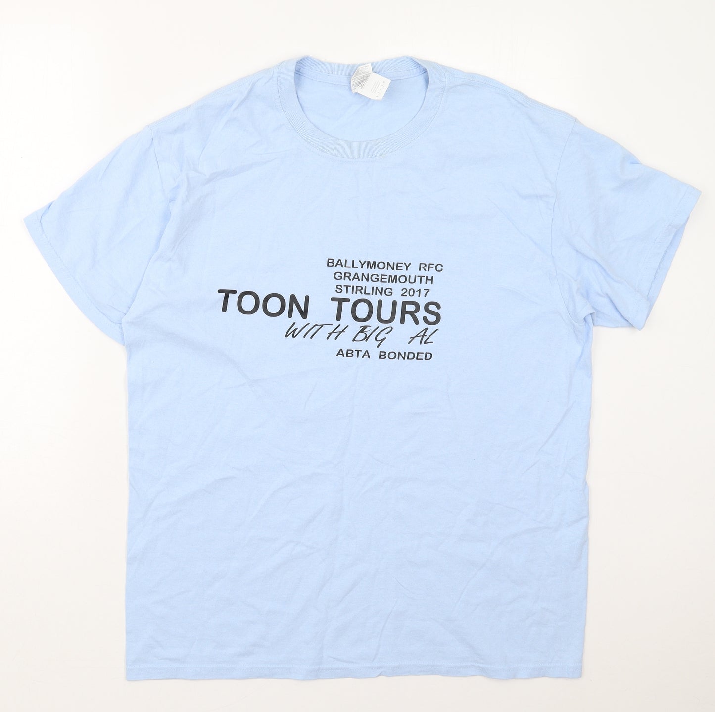 Gildan Mens Blue  Cotton  T-Shirt Size L Crew Neck  - Ballymoney RFC Toon Tours