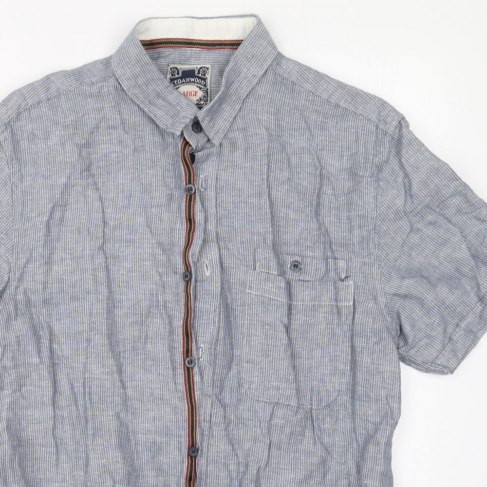 Cedar Wood State Mens Blue Striped Linen  Button-Up Size L Collared Button