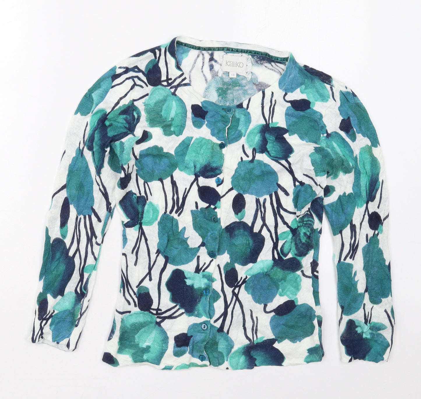 Kaliko Womens Blue Round Neck Floral Linen Cardigan Jumper Size 10