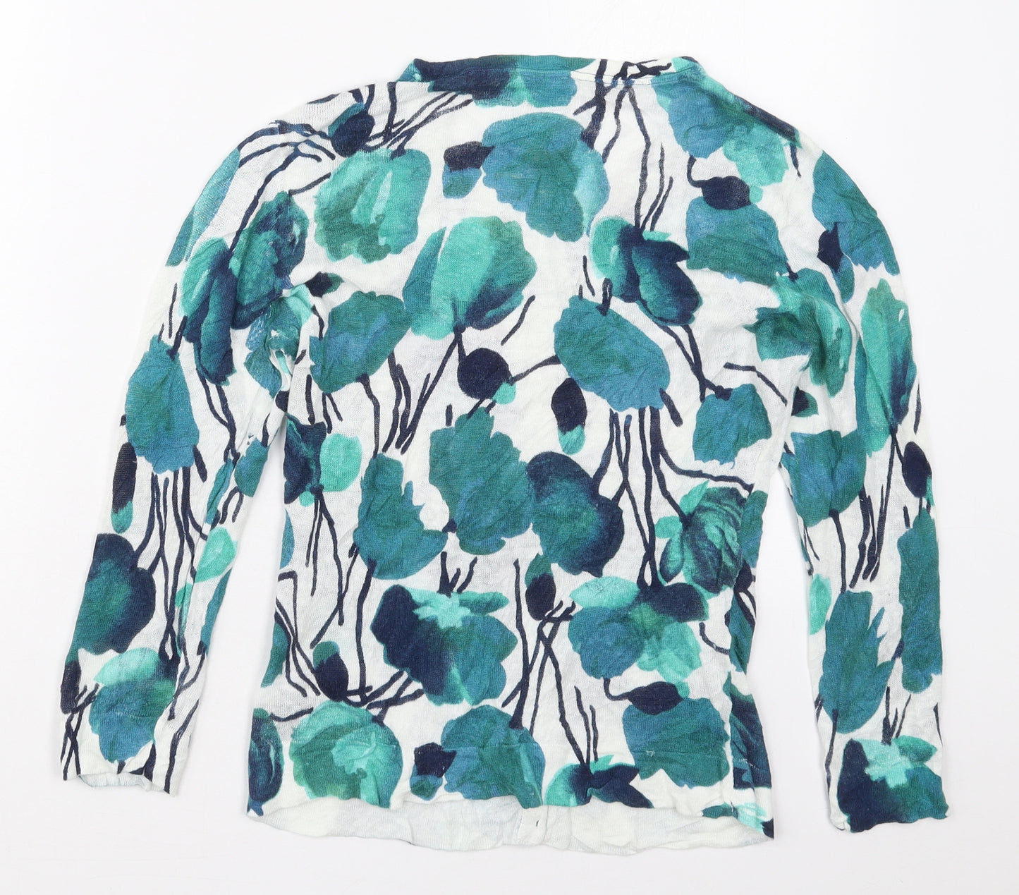 Kaliko Womens Blue Round Neck Floral Linen Cardigan Jumper Size 10