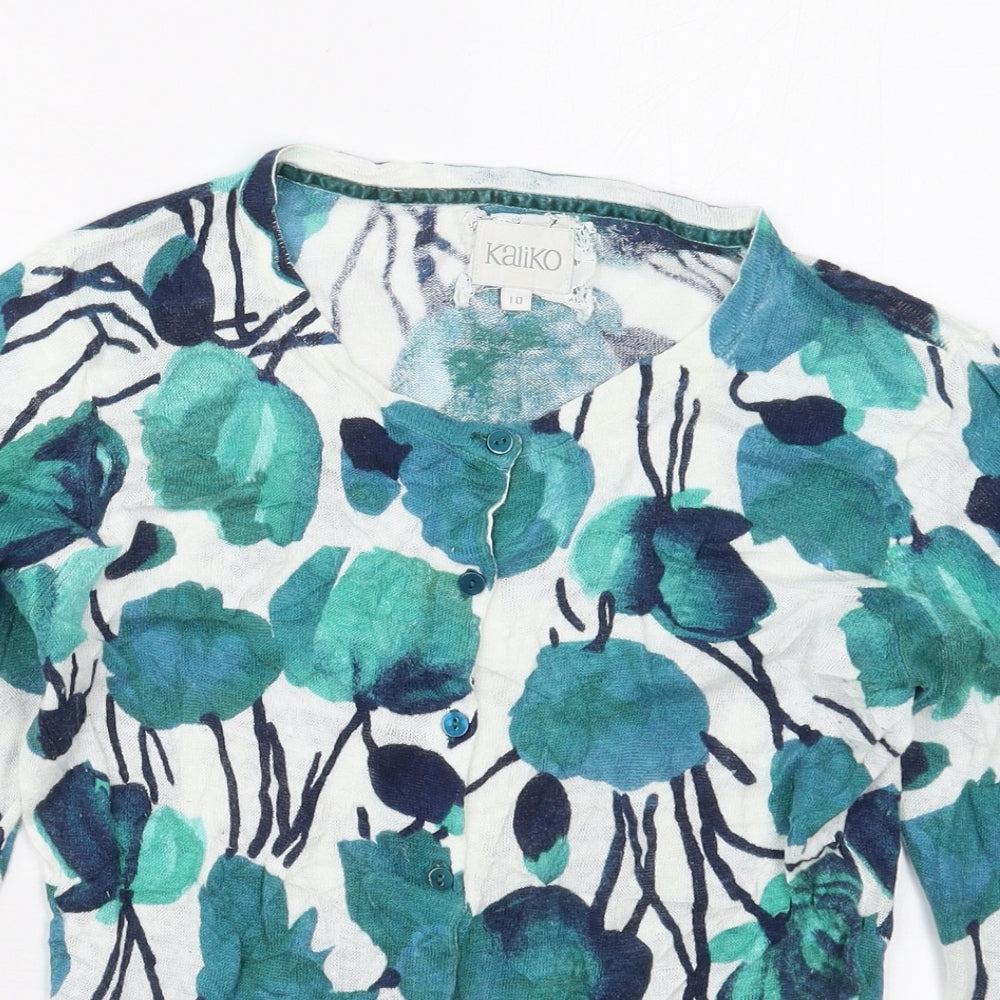 Kaliko Womens Blue Round Neck Floral Linen Cardigan Jumper Size 10