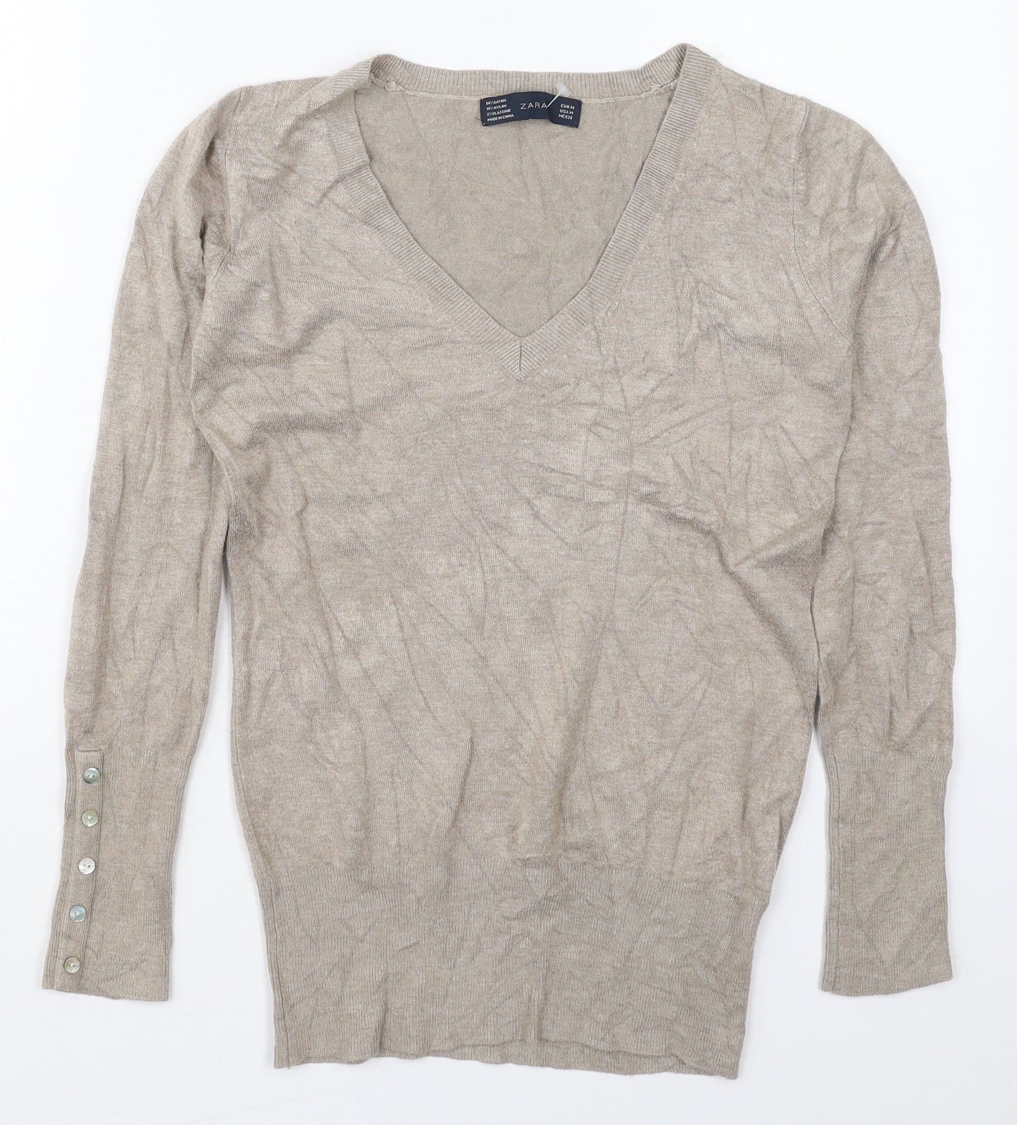 Zara Womens Brown V-Neck  Rayon Pullover Jumper Size M