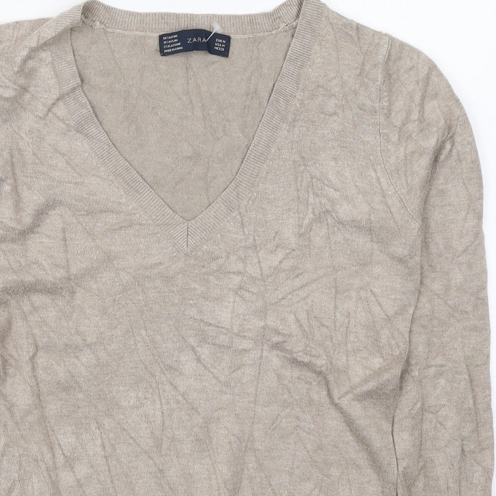 Zara Womens Brown V-Neck  Rayon Pullover Jumper Size M