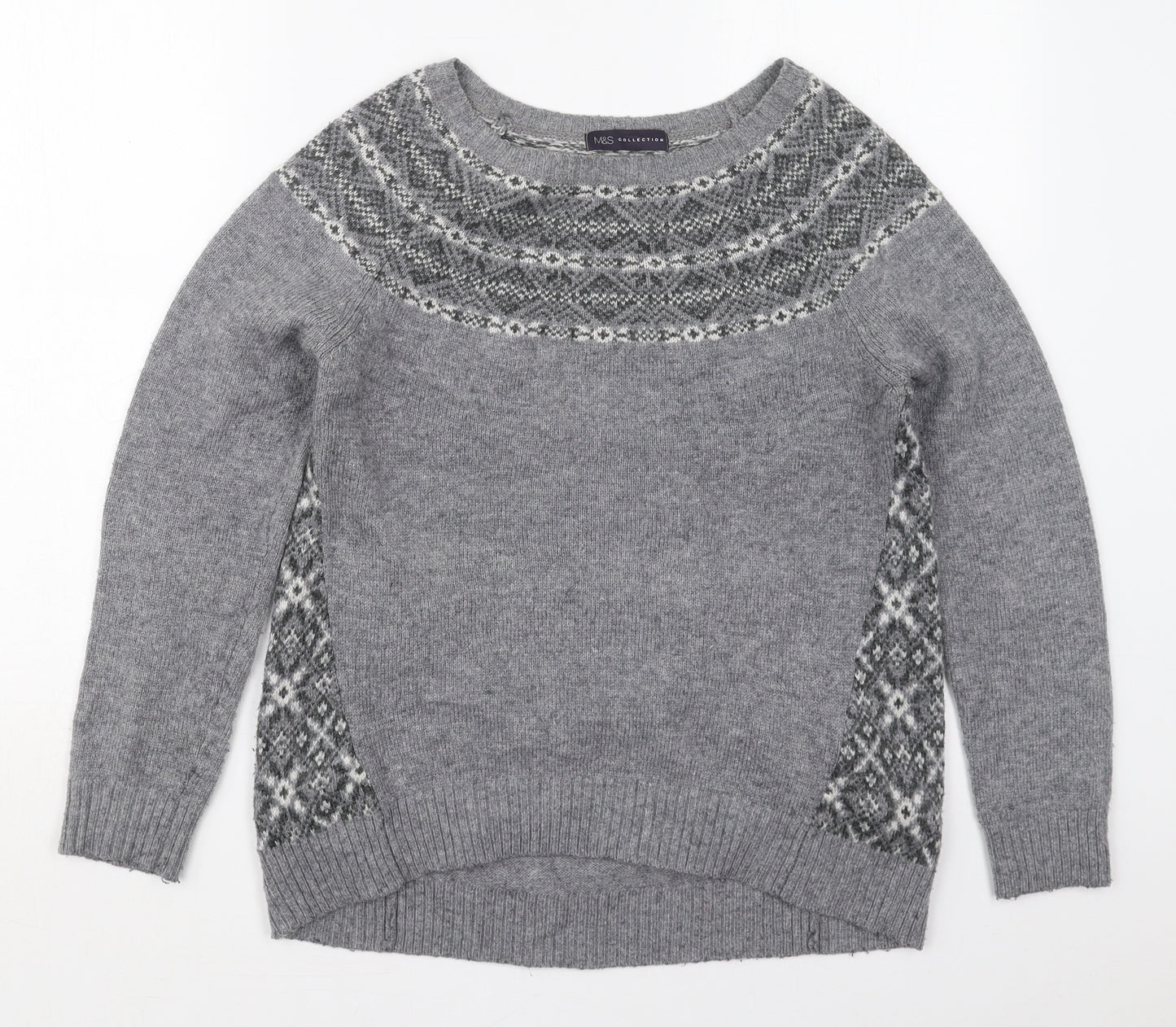 Marks and Spencer Womens Grey Crew Neck Fair Isle Acrylic Pullover Jumper Size 10