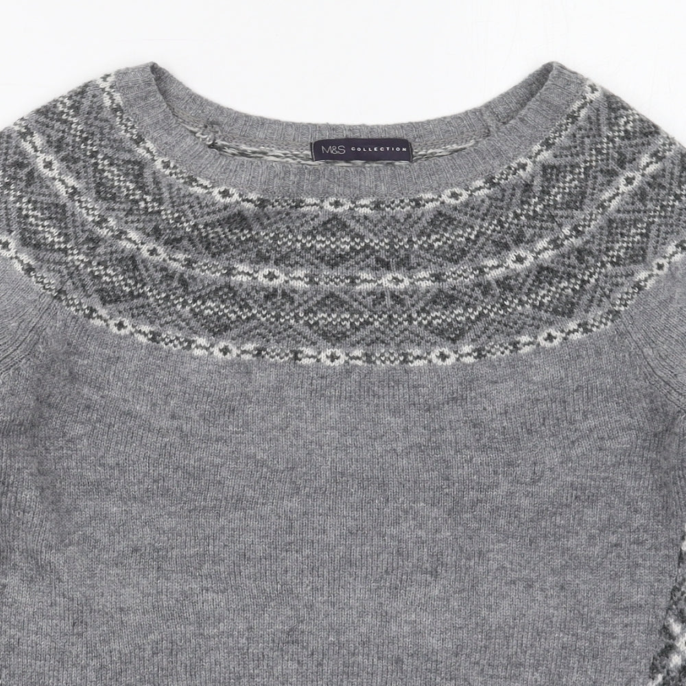 Marks and Spencer Womens Grey Crew Neck Fair Isle Acrylic Pullover Jumper Size 10