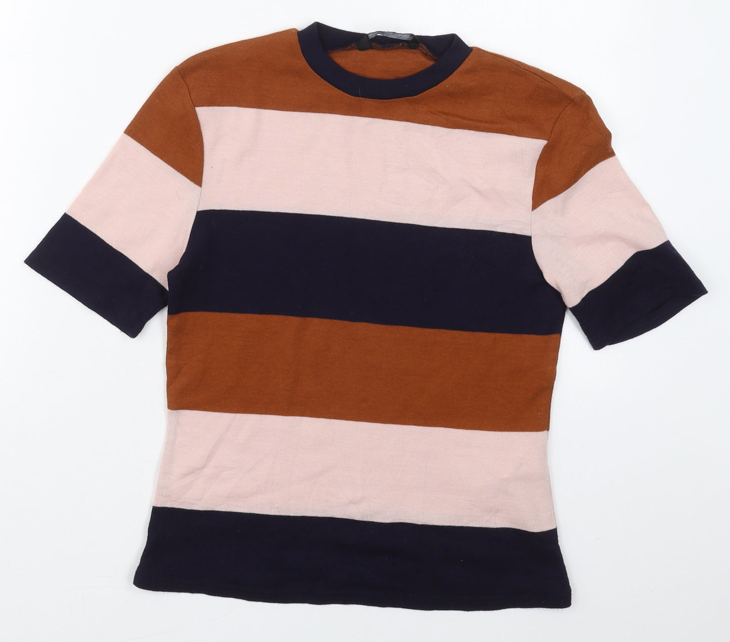 New Look Womens Blue Striped Polyester Basic T-Shirt Size 12 Crew Neck - Pink and Brown