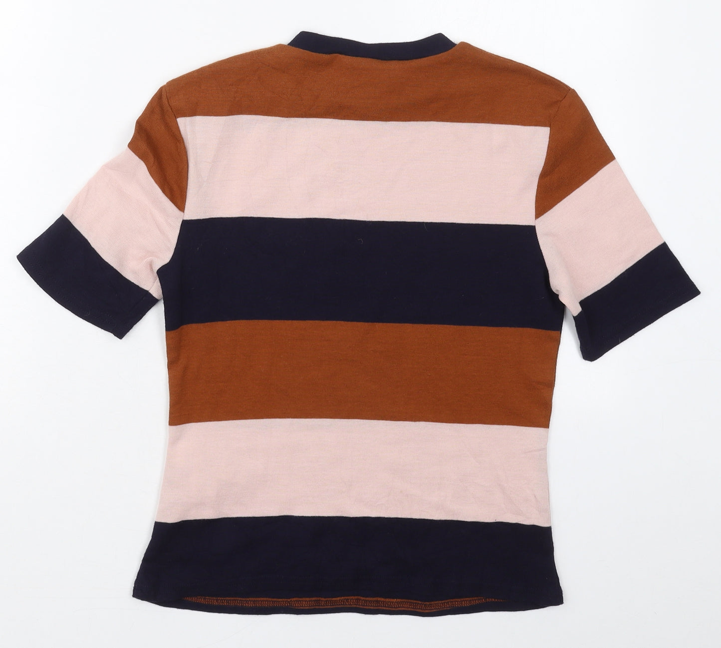 New Look Womens Blue Striped Polyester Basic T-Shirt Size 12 Crew Neck - Pink and Brown