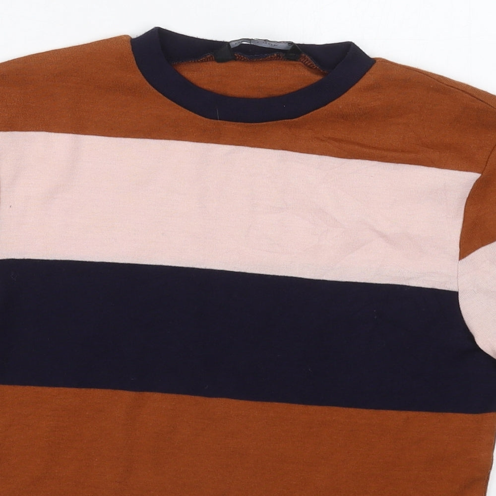New Look Womens Blue Striped Polyester Basic T-Shirt Size 12 Crew Neck - Pink and Brown