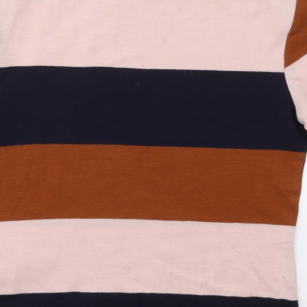 New Look Womens Blue Striped Polyester Basic T-Shirt Size 12 Crew Neck - Pink and Brown