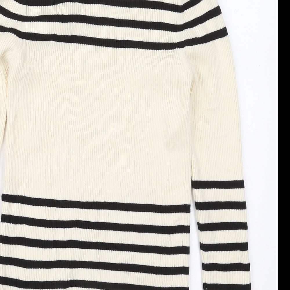 Zara Womens Ivory High Neck Striped Viscose Pullover Jumper Size M