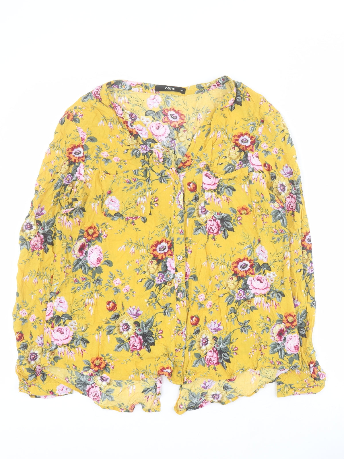 Oasis Womens Yellow Floral Viscose Basic Button-Up Size 14 V-Neck