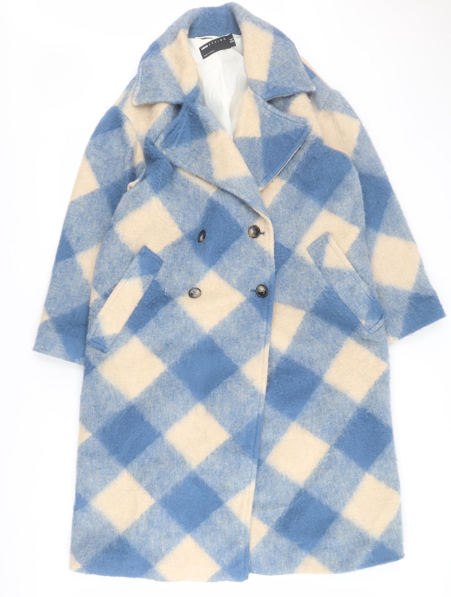 ASOS Womens Blue Plaid  Overcoat Coat Size 4  Button