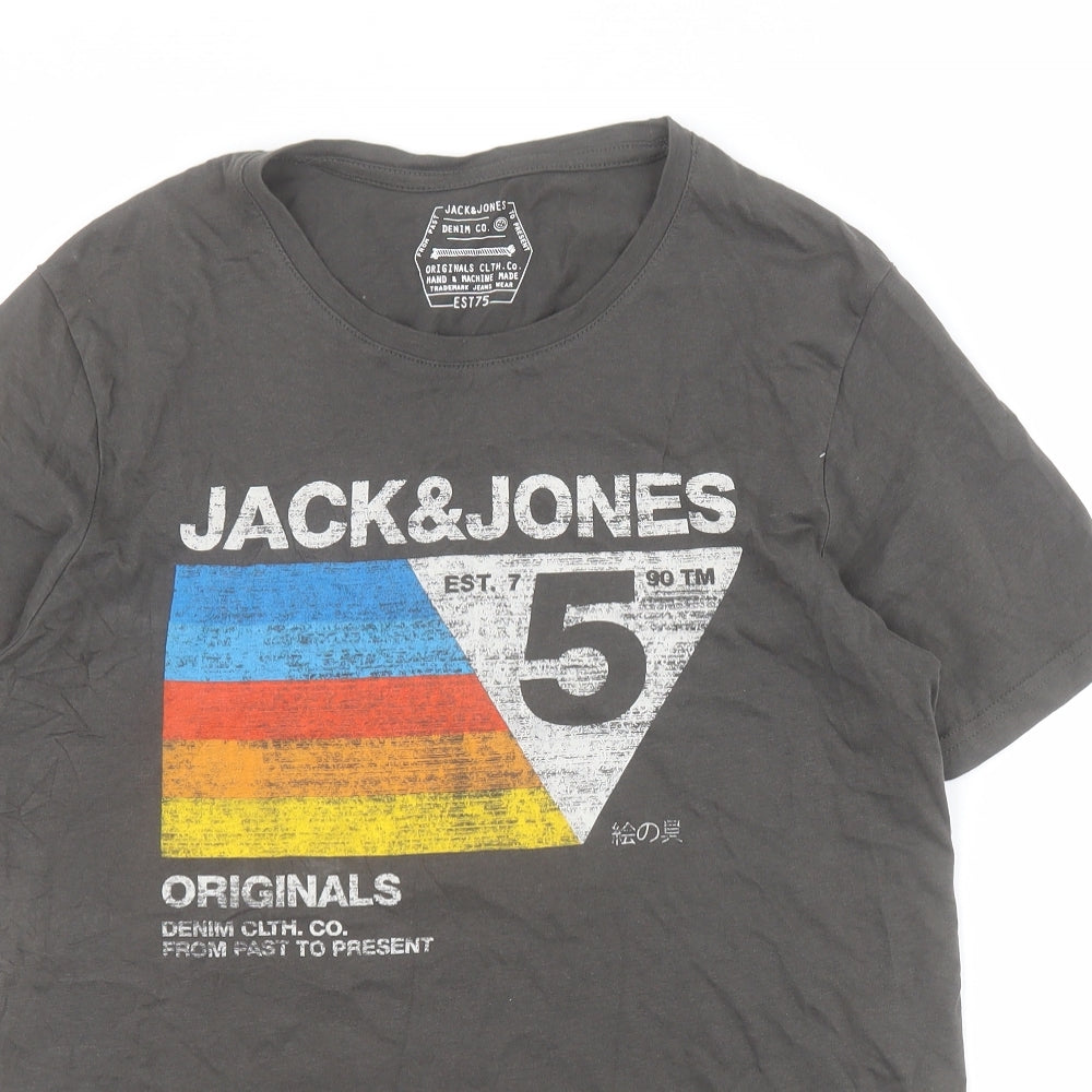 JACK & JONES Mens Grey  Cotton  T-Shirt Size L Crew Neck