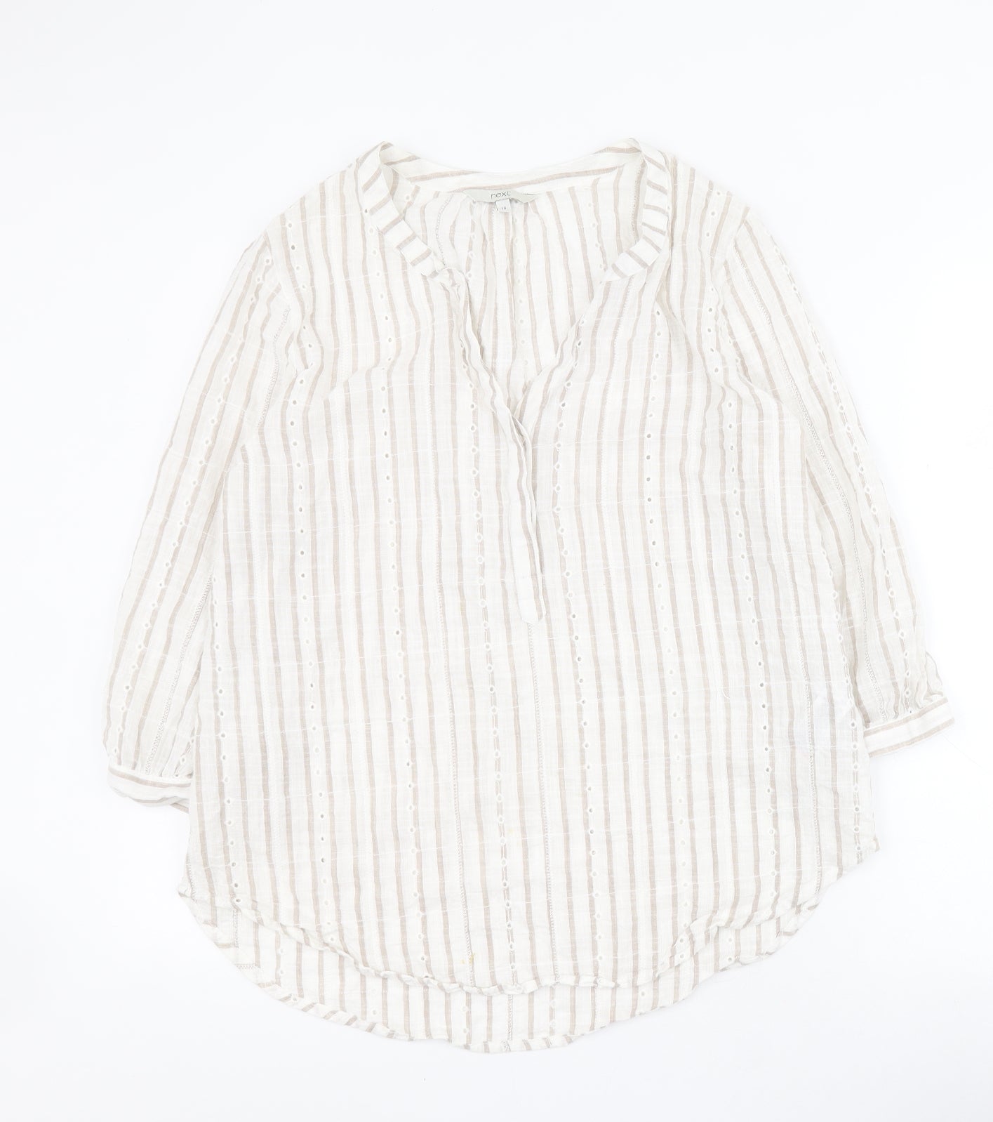 NEXT Womens White Striped 100% Cotton Basic Blouse Size 14 V-Neck