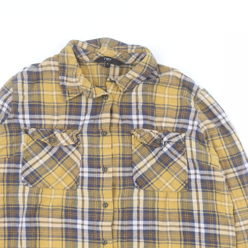 NEXT Womens Yellow Plaid 100% Cotton Basic Button-Up Size 14 Collared