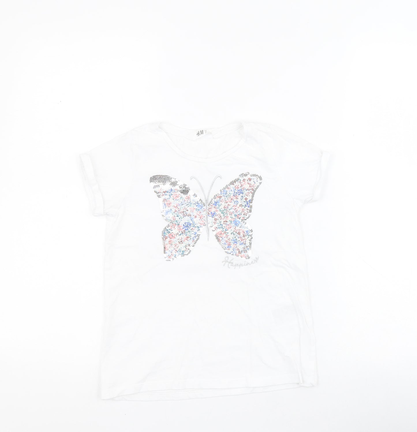 H&M Girls White  100% Cotton Pullover T-Shirt Size 7-8 Years Round Neck Pullover