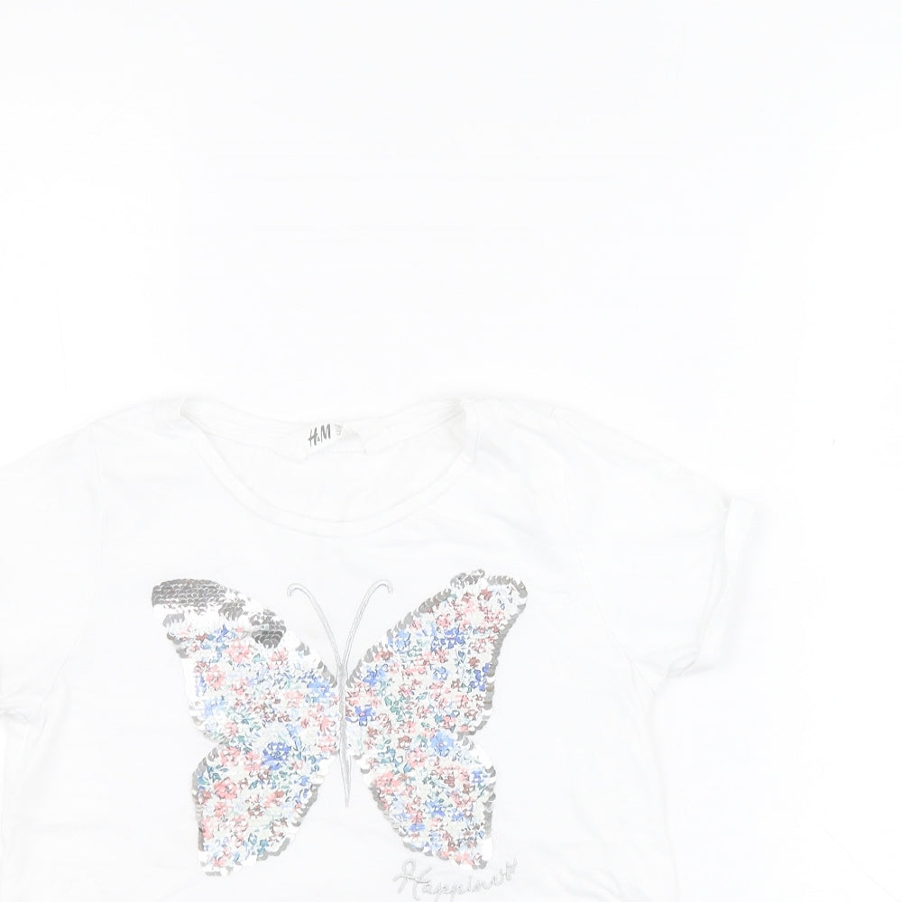 H&M Girls White  100% Cotton Pullover T-Shirt Size 7-8 Years Round Neck Pullover