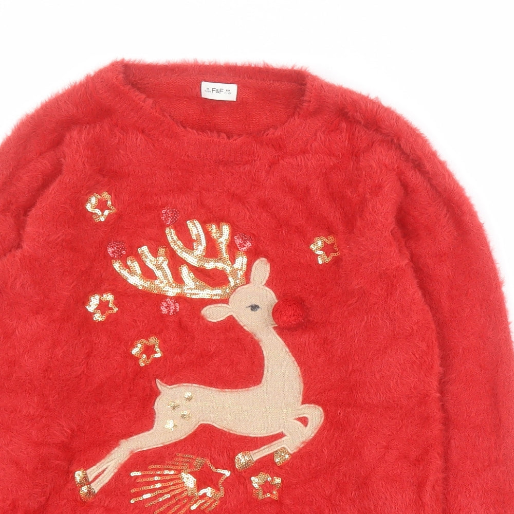 F&F Girls Red Round Neck  Polyamide Pullover Jumper Size 11-12 Years  Pullover - Christmas